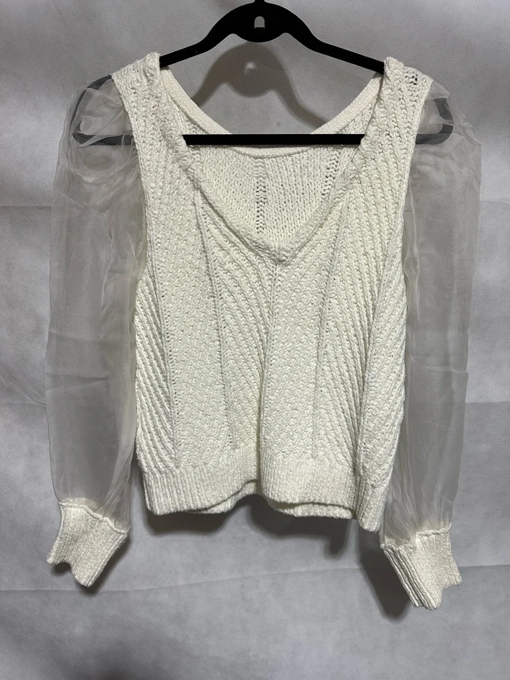 Anthropologie Maeve Cable Twofer Sweater Ivory Silk Sheer Puff Sleeve Cotton S